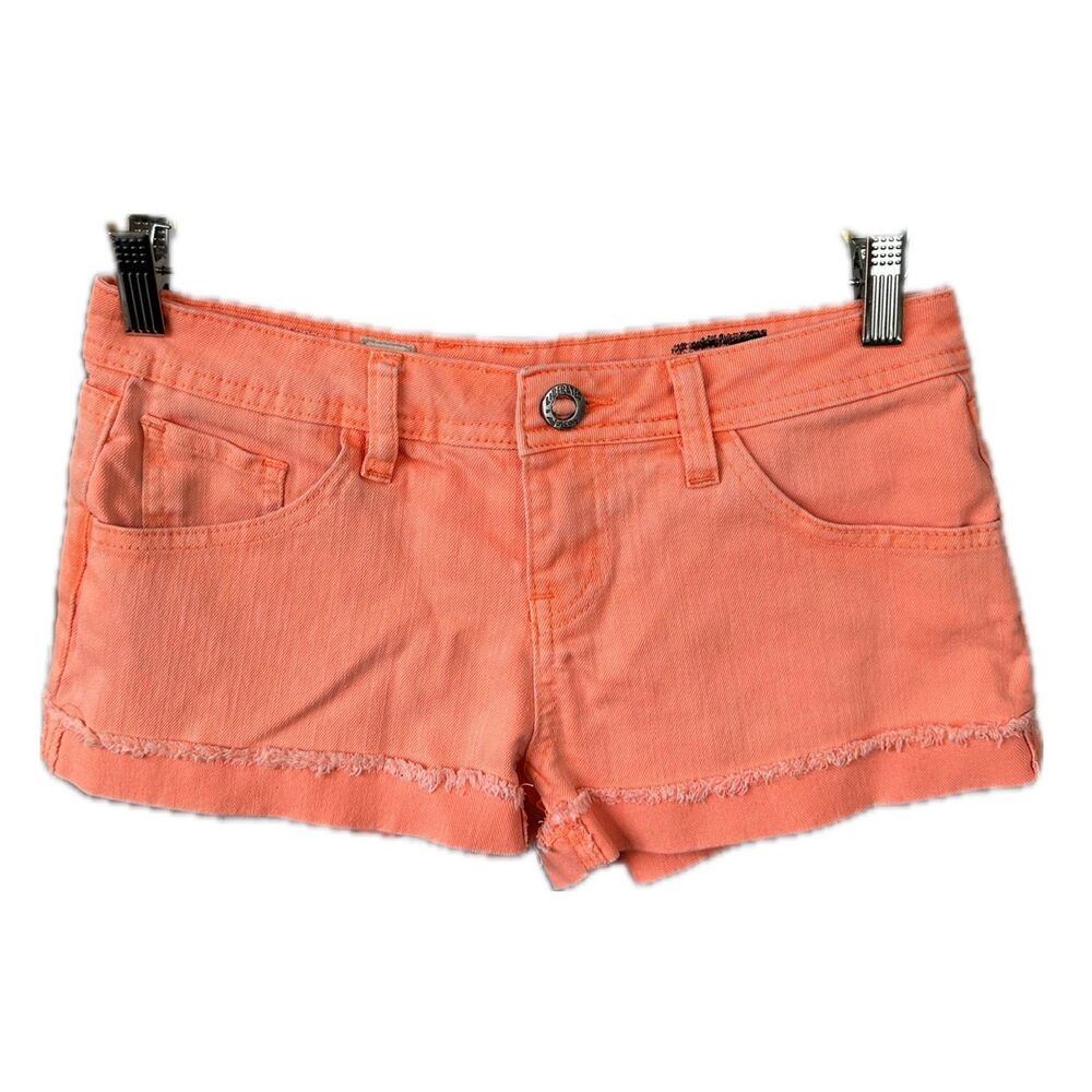 Volcom Juniors Sound Check Florescent Orange Denim Jeans Short Shorts 3/26